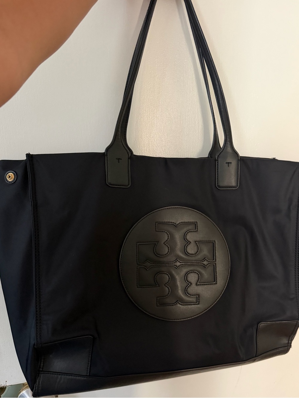 Tory Burch Black Nylon Logo Tote with Leather Trim
